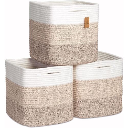 Storage Cubes 11 Inch Cotton Rope Woven Baskets for Organizing, 3-Pack | Cube Storage Bin | Square Storage Baskets for Shelves Organizer, Classroom, Kids Toy Bins, Closet, Baby Nursery