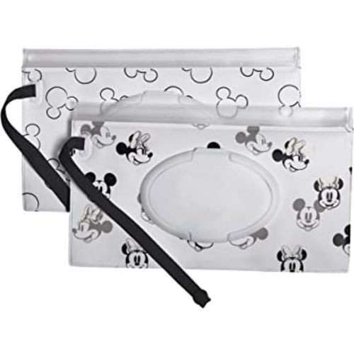 Disney Baby by J.L. Childress Reusable Wet Wipes Case Pouch - Refillable Baby Wipes Dispenser, Travel Essential for On The Go, Portable Holder with Wrist Strap - Mickey and Minnie Mouse, 2 Pack