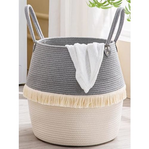 KAKAMAY Woven Baskets for Storage(17"x17"),Large Cotton Rope Woven Baby Laundry Hamper,Collapsible Laundry Basket, Blanket Basket for Organizing Living Room,Nursery,Pillows,Toy Chest(Grey)