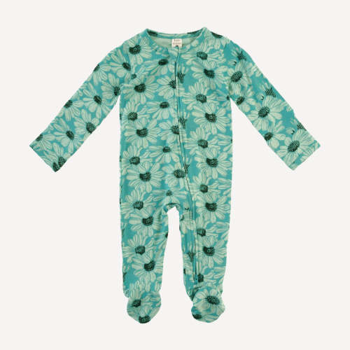 long sleeve two way zipper footie | green daisy | bamboo – kate quinn 0-3 months