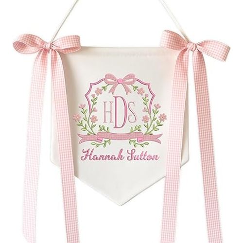 Embroidered Baby Name Sign with Bows Personalized Baby Announcement Sign Newborn Baby Banner Baby Hospital Name Sign Canvas Hanging Pennant Flag Custom Infant Baby Name Baby Shower Banner (12)