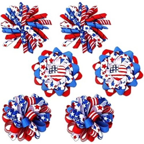 JUNEBRUSHS 6 Pcs 4th of July Hair Bows Clips Patriotic Red White Blue Curly Ribbon Hair Accessories for Girls Memorial Day American Flag Independence Day Cheerleader Teens Decor Accessory