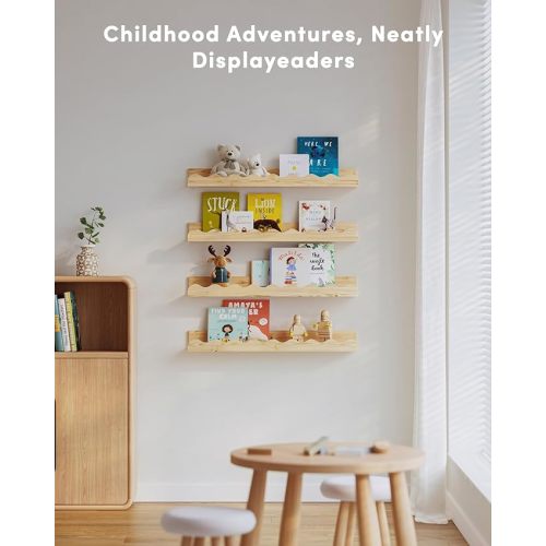 Kids' Bookshelf Set of 4 - Wood Floating Nursery Book Shelves, Picture Ledge Shelf for Wall Decor and Storage - Perfect for Books, Toys, Photo Frames, and Nursery Décor