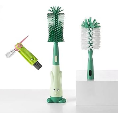 Chemimoso Cup Cleaning Brush, Silicone Baby Bottle Brush with Stand, Large Handle Water Bottle Brush Cleaner Set, with a Tiny Cup Lid Gap Cleaning Brush, Cup Lid Cleaner Brushes Kit, Green