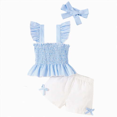 mgoYE Toddler Baby Girl Summer Clothes Cotton RuffledSleeve Shirt Tops and Shorts Set Outfits 12Months-4T(Light Blue,18-24 Months)