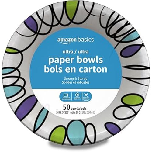 Amazon Basics Ultra Paper Bowls, 20 Oz, Disposable, 50 Count, White (1 pack of 50)