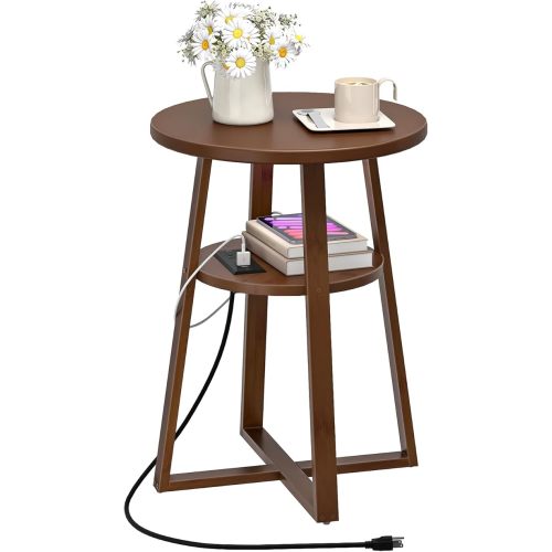 HOOBRO Round Side Table with Charging Station, Round Accent End Table with Bamboo Legs for Living Room, Bedroom, Brown, BR101UBZ01