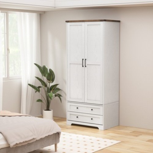 Brafabhome Modern Wood Armoire Wardrobe Closet with 2 Doors, Freestanding Wardrobe Clothes Cabinet with Drawers and Hanging Rod for Bedroom | White