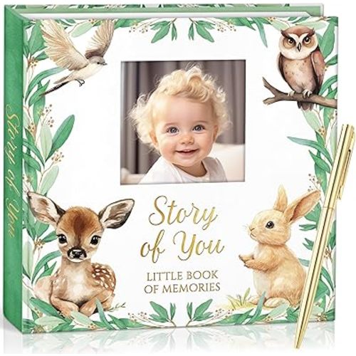 Baby Memory Book Keepsake – Deluxe Edition Woodland Theme – First 5 Years Journal & Scrapbook for Boys & Girls – Includes Metallic Gold Pen & Protective White Gift Box