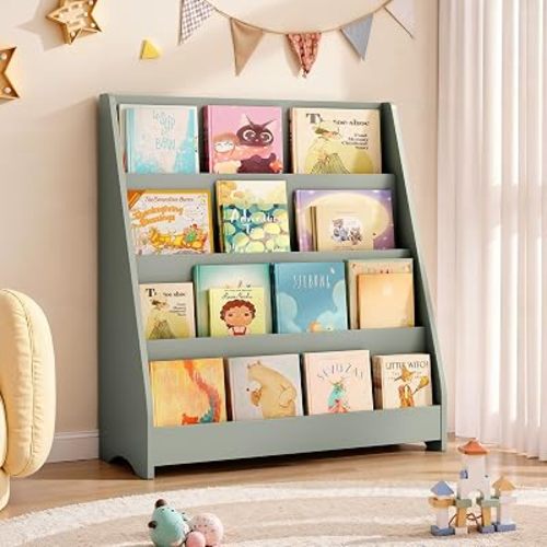 Tatub 4 Tier Kids Wooden Bookshelf for Toddler, Sage Green