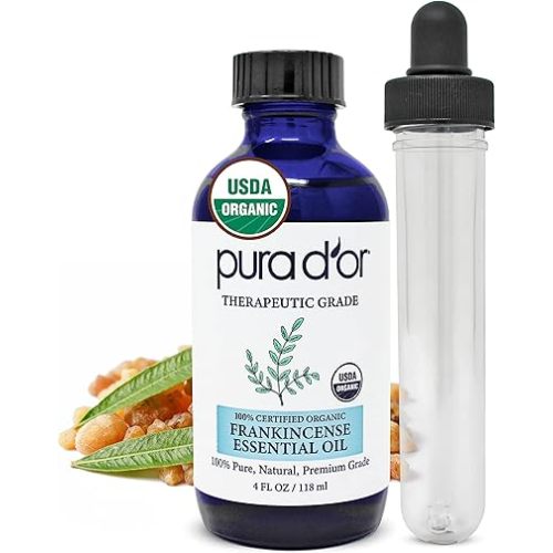 PURA D'OR ORGANIC Frankincense Essential Oil (4oz with Glass Dropper) 100% Pure & Natural Therapeutic Grade For Hair, Body, Skin, Aromatherapy Diffuser, Relaxation, Meditation, Mood, Massage, DIY Home