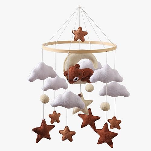 Moyii Baby Crib Mobile for Nursery - Handmade Felt Sleepy Bear on Moon Hanging Mobile - Gender Neutral Ceiling Decor for Boys Girls - Nordic Star Cloud - Newborn Baby Shower Gift