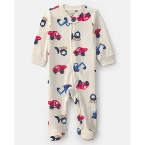 Baby Boy Construction 2-Way Zip DreamPlush Sleep & Play Pajamas - Cream | Carter's