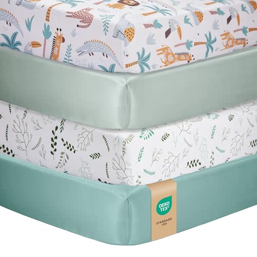 Baby Crib Sheets for Boys Girls, Set of 4 Toddler Bed Sheets, Fitted for 52x28 Inch Standard Crib Mattress Neutral, Breathable Microfiber, Zoo Woodland Animal World, Leaf, Light & Dark Green