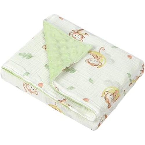 Baby Boys Girls Minky Blanket with Muslin Cotton Front and Dotted Fleece Backing, Soft Nursery Receiving Blankets for Newborn Toddler Crib Stroller Car Seat (Monkey)