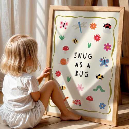 Snug as a Bug Wall Art, Cute Nursery Print, Colourful Kids Room Decor, Educational Insect Poster, Playroom Wall Art
