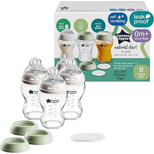 Tommee Tippee Natural Start 9 oz Glass Baby Bottles, Self Sterilizing, BPA & Phthalates Free, 0+ Months, Slow Flow Breast-Like Nipple for a Natural Latch, Travel Jar Lids, Cup Rings, Pack of 3