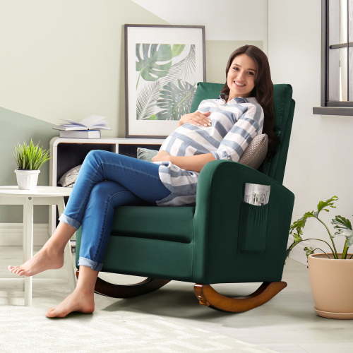 AVAWING Mid-Century Nursery Rocking Chair Upholstered Velvet High Back Arm Chair, Adult, Green