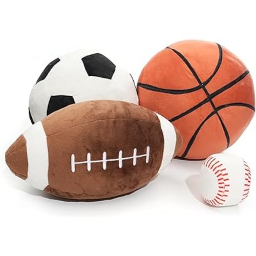 Full Size Plush Sports Balls Set – 4-Piece Soft Toy Balls for Kids and Toddlers, Includes Football, Basketball, Soccer Ball & Baseball – Indoor Play, Nursery Décor, Gift for Boys and Girls