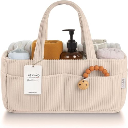 PUTSKA Baby Diaper Caddy Organizer, Nursery Basket, Cream Corduroy
