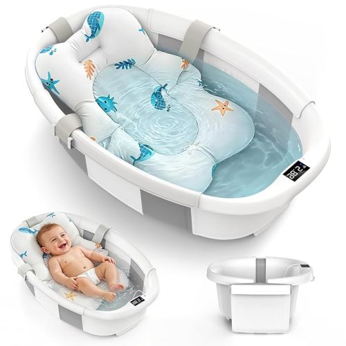 Collapsible Baby Bathtub for Newborn to Toddlers 0-36 Months, Large Baby Tub with Thermometer & Cushion, Easy Setup Foldable Travel Infant Bathtub, Newborn Babies Boy Girl Bath Tubs Grey