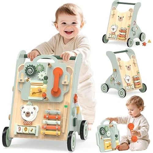 Wooden Push Baby Walker | 10-in-1 Montessori Activity Center, Toddler Sit-to-Stand Learning Toy, Early Educational Push & Pull Toy for 12M+, with Detachable Busy Board & Adjustable Speed