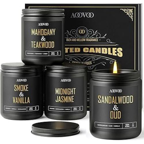 AOOVOO Scented Candles for Men - 4 Pack Candles for Home Scented, 36oz Soy Wax, 200 Hour Burn Time, Men Candle Set, Sandalwood Oud/Mahogany Teakwood/Smoke Vanilla/Jasmine Candle Set A