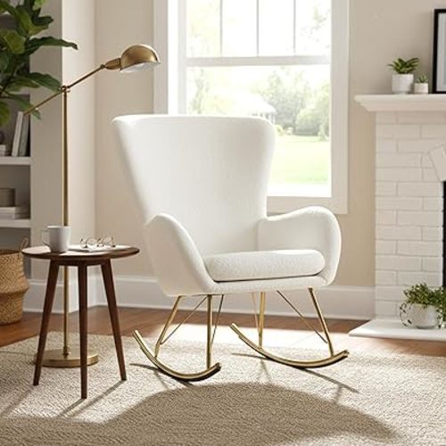 Giantex Rocking Chair Nursery, Upholstered Glider Rocker w/Curved Backrest & Armrests, Detachable Seat Cushion, Electroplated Metal Legs, Modern Accent Chair for Living Room, Bedroom (1)