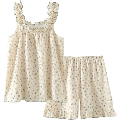 Womens Cotton Ruffle Pajamas Set Babydoll Cami Set Heart Print 2 Piece Cute Pjs Sleepwear