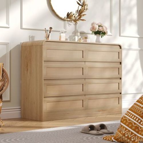 Natural Rattan 8-Drawer Dresser, Wood Chest of Drawers with Woven Rattan Drawer Front, Wide Storage Dresser Cabinet for Bedroom