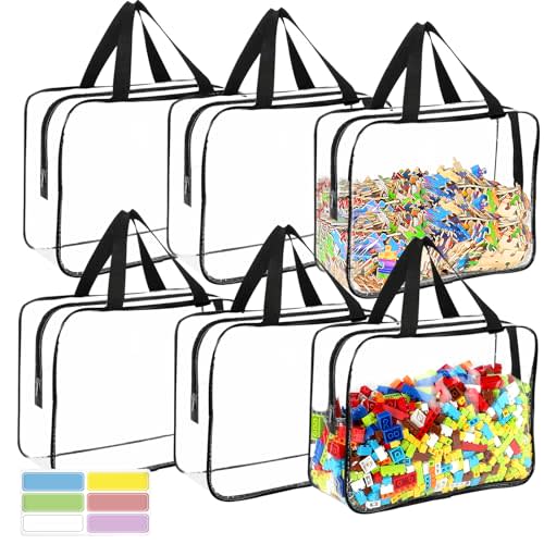 6 Packs Large Toy Storage Bags with Labels, Reusable Clear PVC Board Game Storage, Travel Waterproof Organizer Bags with Zipper for Building Blocks, Puzzle, Kids Books