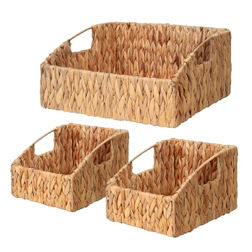 Rattan Storage Baskets, Handwoven Wicker Storage Bins with Built-in Handles, Storage Container Baskets for Shelves, Bedroom, Bathroom, Laundry Room or Kitchen(Natural)