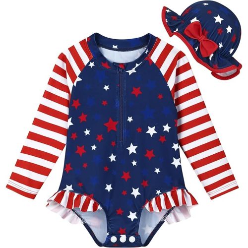Infant Baby Girl Swimsuit Long Sleeve Rash Guard One Piece Swimwear with Hat Ruffle Bathing Suit with Zipper