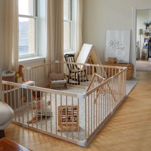 HARPPA Wooden Baby Gate Playpen | Non-Toxic Foldable DIY Adjustable Play Yard for Infants & Toddlers – Natural Finish Baby Fence for Small & Large Spaces