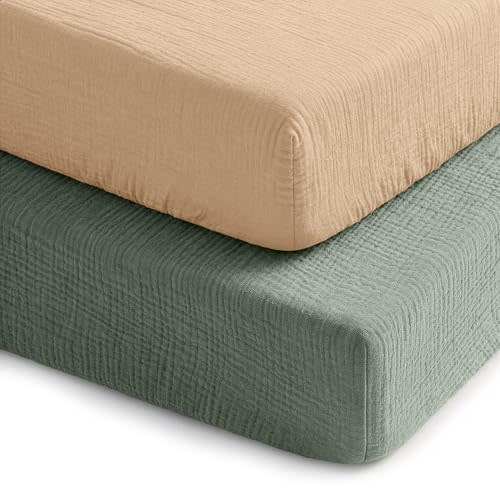Comfy Cubs 100% Muslin Crib Fitted Sheet 2 Pack, Fern and Cream - 100% Cotton, Soft & Breathable Crib Sheets for Toddler Mattress - Snug Fit, Secure Elastic with Beautiful Packaging