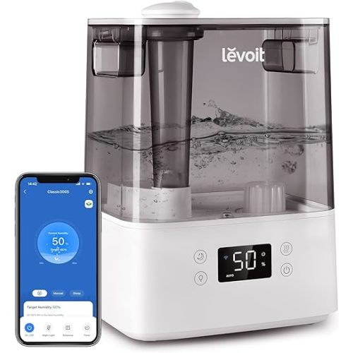 LEVOIT 6L Smart Humidifiers for Bedroom Large Room Home, 60H Super Long Time, Cool Mist Top Fill, Auto Mode-Quiet Sleep Mode for Baby & Plants, App & Voice Control, Night Light