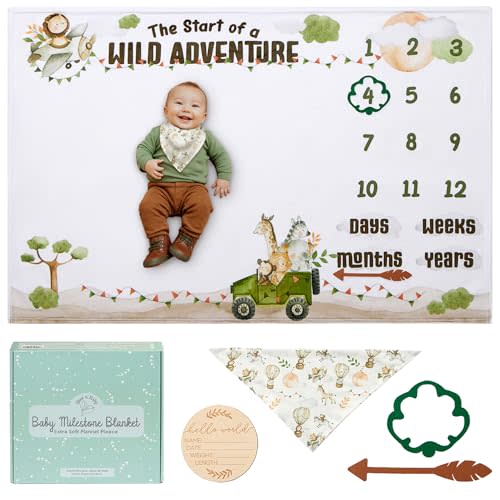 Monthly Milestone Blanket for Baby Boys & Girls - 60"x40" - Wrinkle Free Newborn Blanket with Baby Announcement Sign, Bib & Frames - Washable & Dryable - Safari Theme Nursery Gift Set