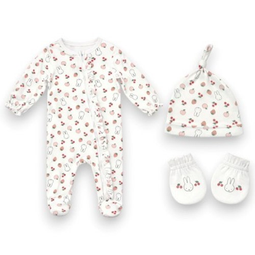 Miffy Baby Girls’ 3-Piece Ultra-Soft Sleep N’ Play Coverall, Beanie & Mitten Layette Set, White/Fruits, Newborn