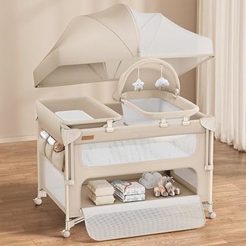 ANGELBLISS Baby Bassinet Bedside Crib, 5-in-1 One-Push Instant Fold Pack and Play with Changing Table, Napper Bassinet, Mattress & Mosquito Net, Portable Playard for Newborns to Toddlers (Khaki)