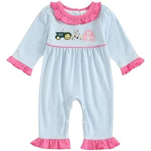 Newborn Baby Girl Fall Outfit Farm Clothes Tractor Cow Embroidery Ruffle Long Sleeve Romper One Piece Jumpsuit