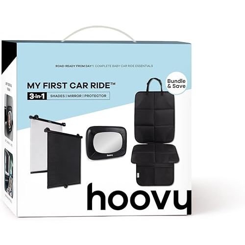 Hoovy My First Car Ride™ 3-in-1 Baby Car Essentials Bundle, Roller Sun Shades, Rear-Facing Mirror, and Seat Protector