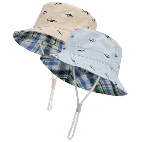 Zando 2 Pcs Baby Sun Hat Breathable Sun Protection Newborn Sun Hat Wide Brim Baby Boys Girls Bucket Hat for Beach Summer 2 Pack Beige & Blue 12-24 Months