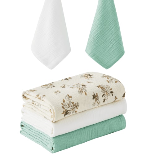 Muslin Swaddle Blankets 3 Pack & 2 Burp Cloths, Breathable & Soft Cotton Baby Blankets, Receiving Blankets for Newborn, Nursery Infant Essentials, Swaddling Wrap for Unisex (Sage Green & White)