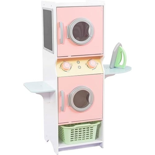 KidKraft Laundry Playset Children's Pretend Wooden Stacking Washer and Dryer Toy with Iron and Basket, Pastel, Gift for Ages 3+