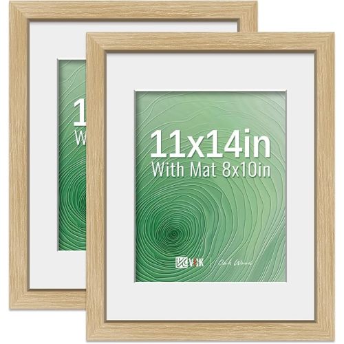 VCK 11x14 Picture Frame 2 Pack - Natural Oak, High-End Wood Poster Frames with Tempered Glass, Display 8x10 Photo with Mat or 11x14 without Mat, Art Gallery-Quality, Wall Hanging, Natural Oak