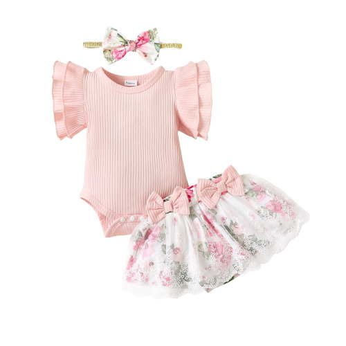 Kucnuzki 3 Months Newborn Baby Girl Clothes Romper Shorts Set 6 Months Fly Sleeve Pure Color Casuak Rompers Top Elastic Floral Mesh Panel Shorts Headband 3PCS Set Pink