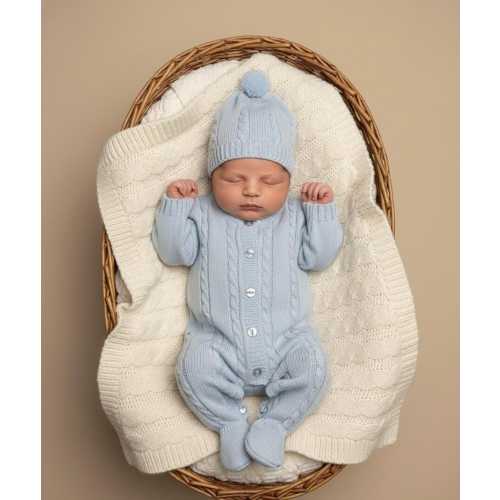 Knitwear Newborn sky Blue knit set outfit Spanish knitted boy clothing Traje punto footie peto romper