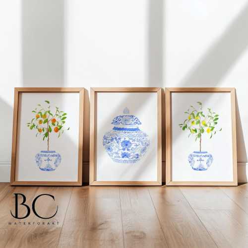 Watercolor Lemon orange Chinoiserie art prints, Set of 3 Blue White porcelain art, Ginger Jar Print, lemon Decor, Blue White Chinoiserie