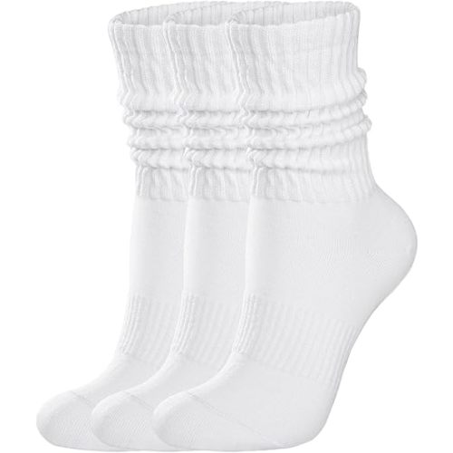 Womens Scrunch Crew Socks: Retro Solid Slouch Mid Calf Socks - Cotton Casual Athletic Socks 3 Pack