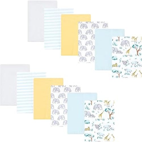 Hudson Baby Unisex Baby Cotton Flannel Burp Cloths 12-Pack Bundle, Safari Friends, One Size